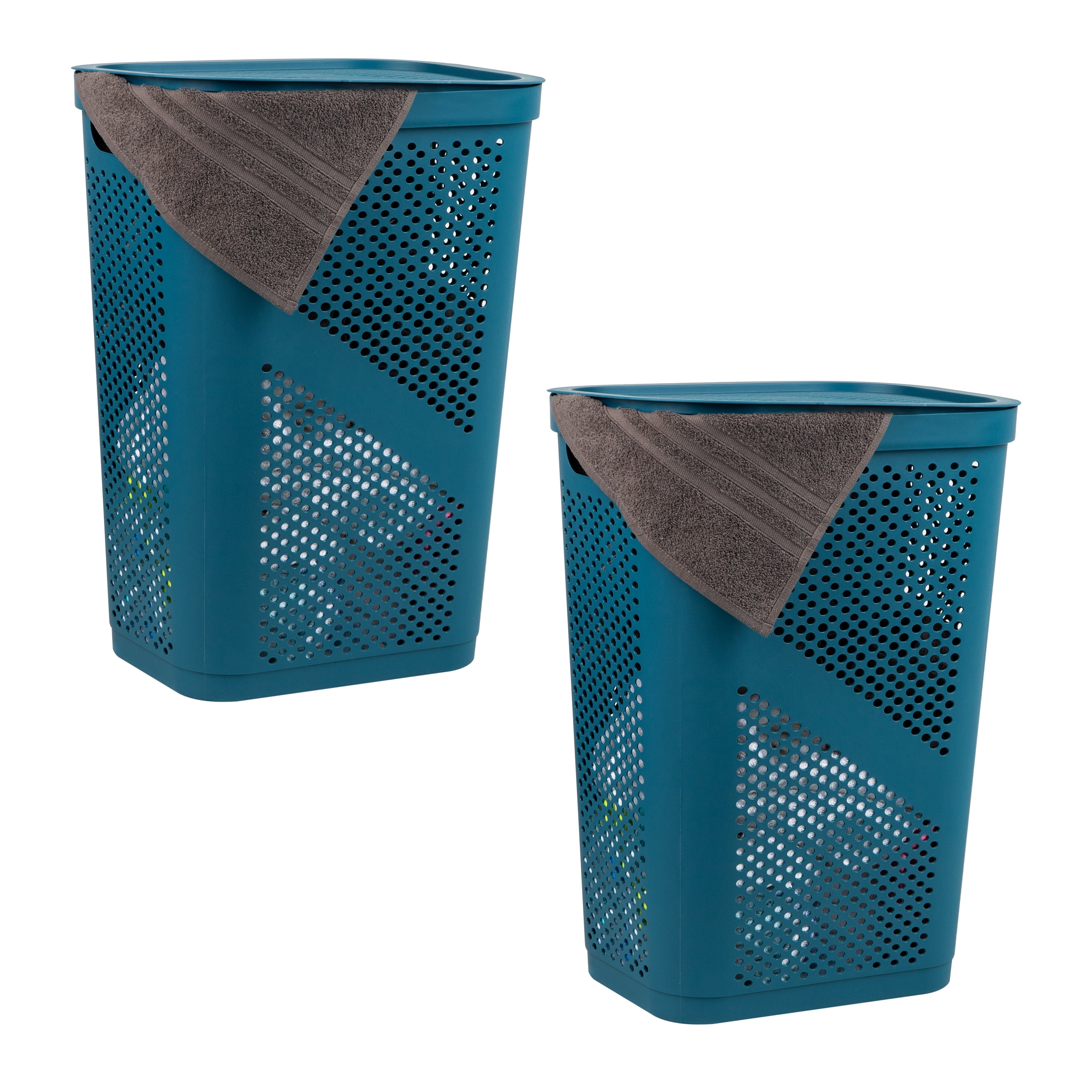 Mind Reader 60L Slim Laundry Hamper, Clothes Basket, Lid, Ventilated, Plastic, Set of 2, Blue
