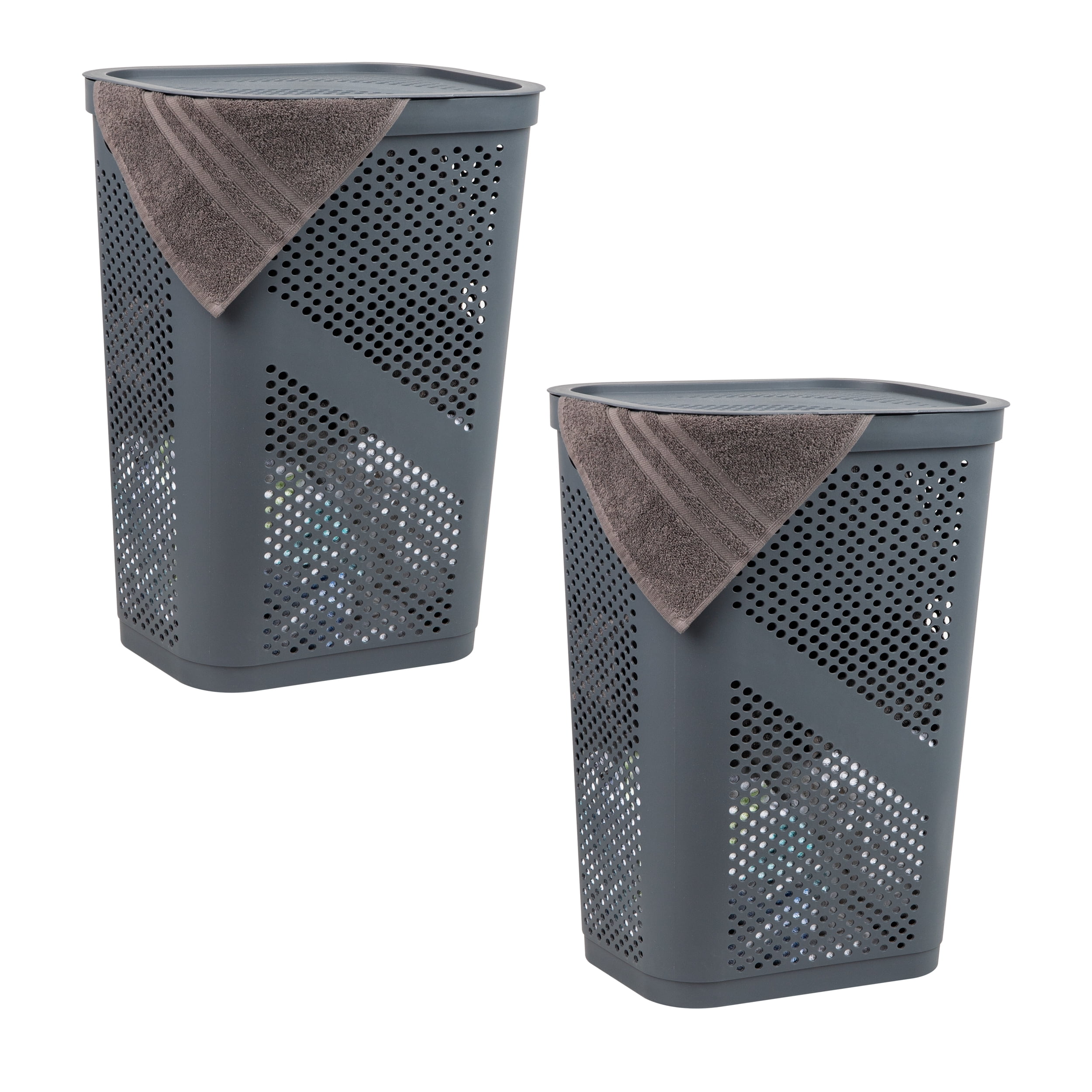Mind Reader 60L Slim Laundry Hamper, Clothes Basket, Lid, Ventilated, Plastic, Set of 2, Gray