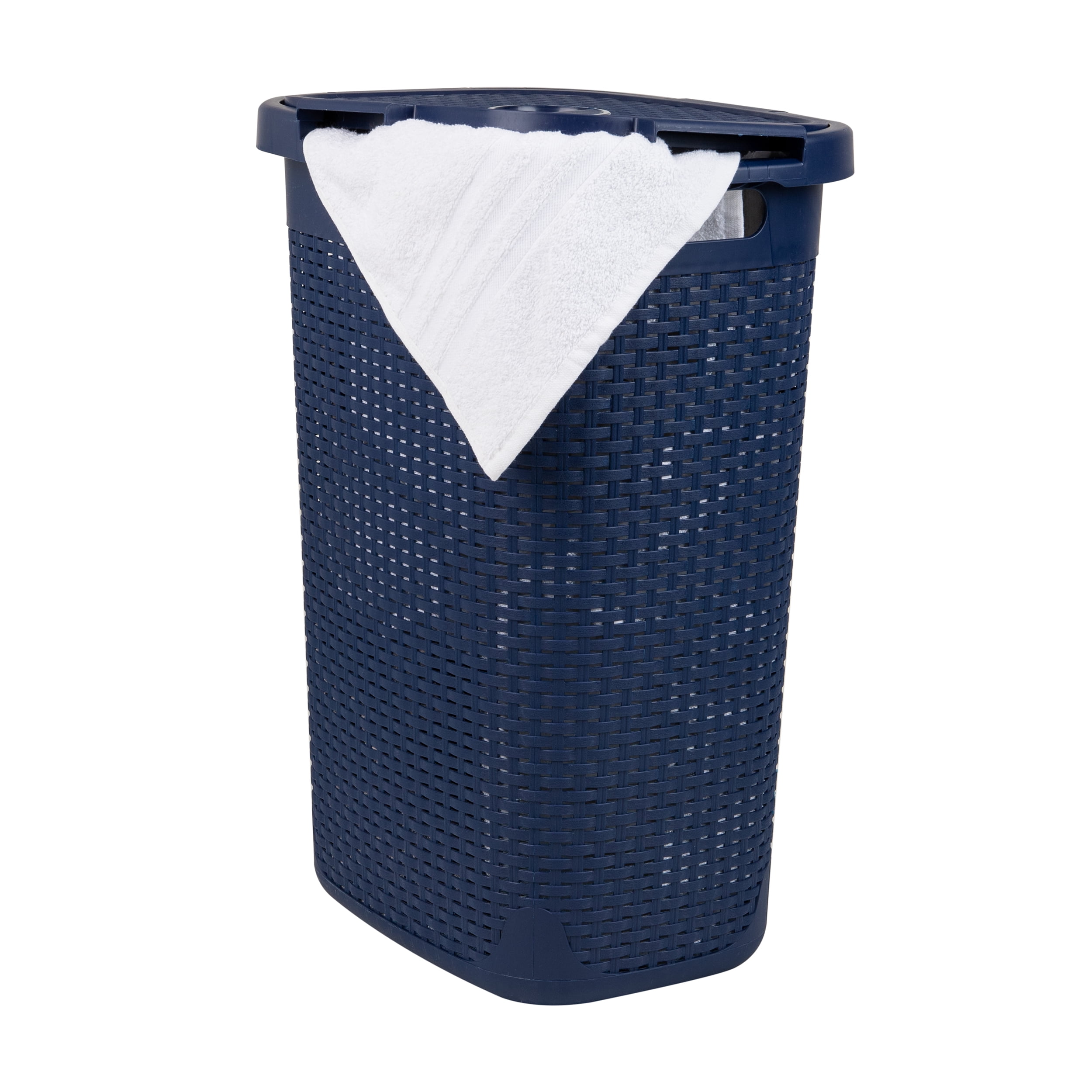 Navy Wicker Design Rectangular Plastic Laundry Hamper with Lid