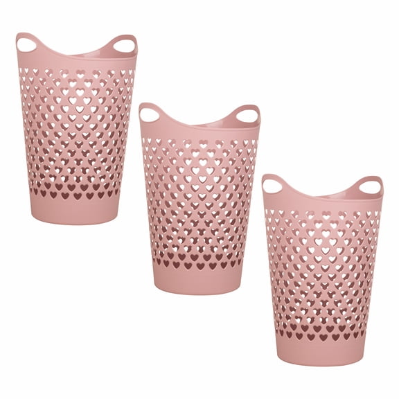 Mind Reader 71L Flexi Laundry Hamper 3 Pack with Heart Cutouts, Lightweight Ventilated Clothes Baskets for Bedroom, Bathroom, Pink