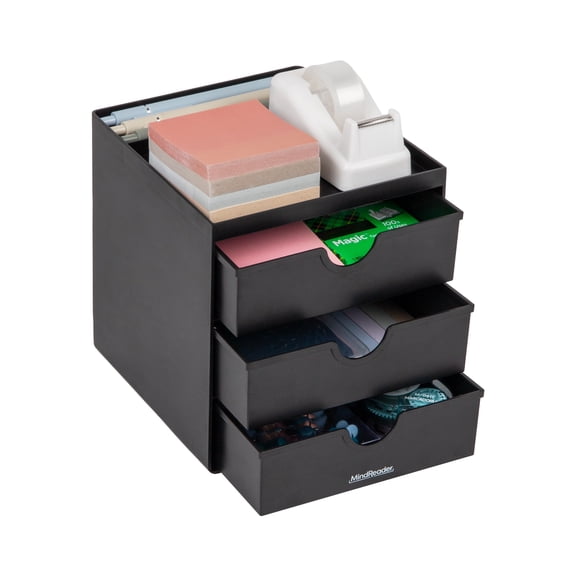 Mind Reader Black Compact Plastic Desktop Organizer with 3 Drawers and Divided Top Tray