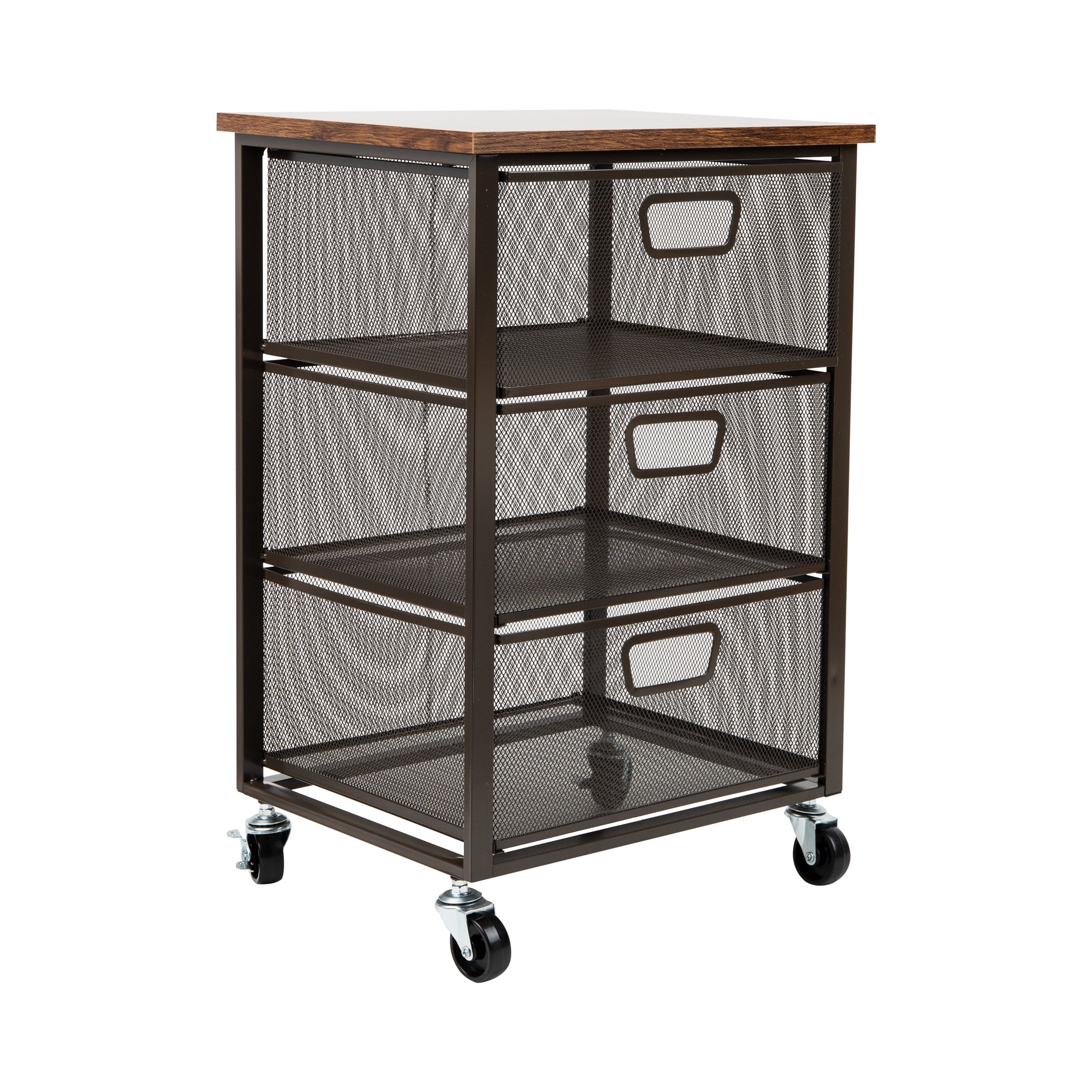 Mind Reader 3-Drawer Rolling Storage Cart, Office Organizer with Wood Top, Multipurpose Portable Cabinet with Wheels, Metal, Black