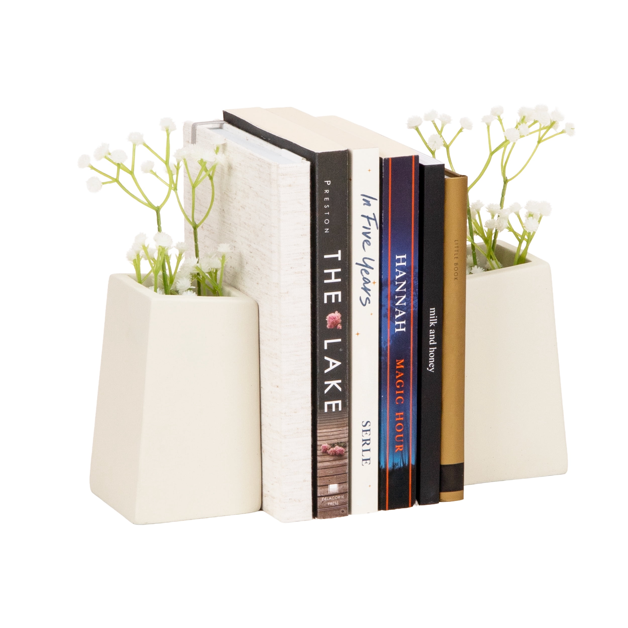 Mind Reader Cement Planter Bookends, Desk Decor and Indoor Plants, Set of 2, White