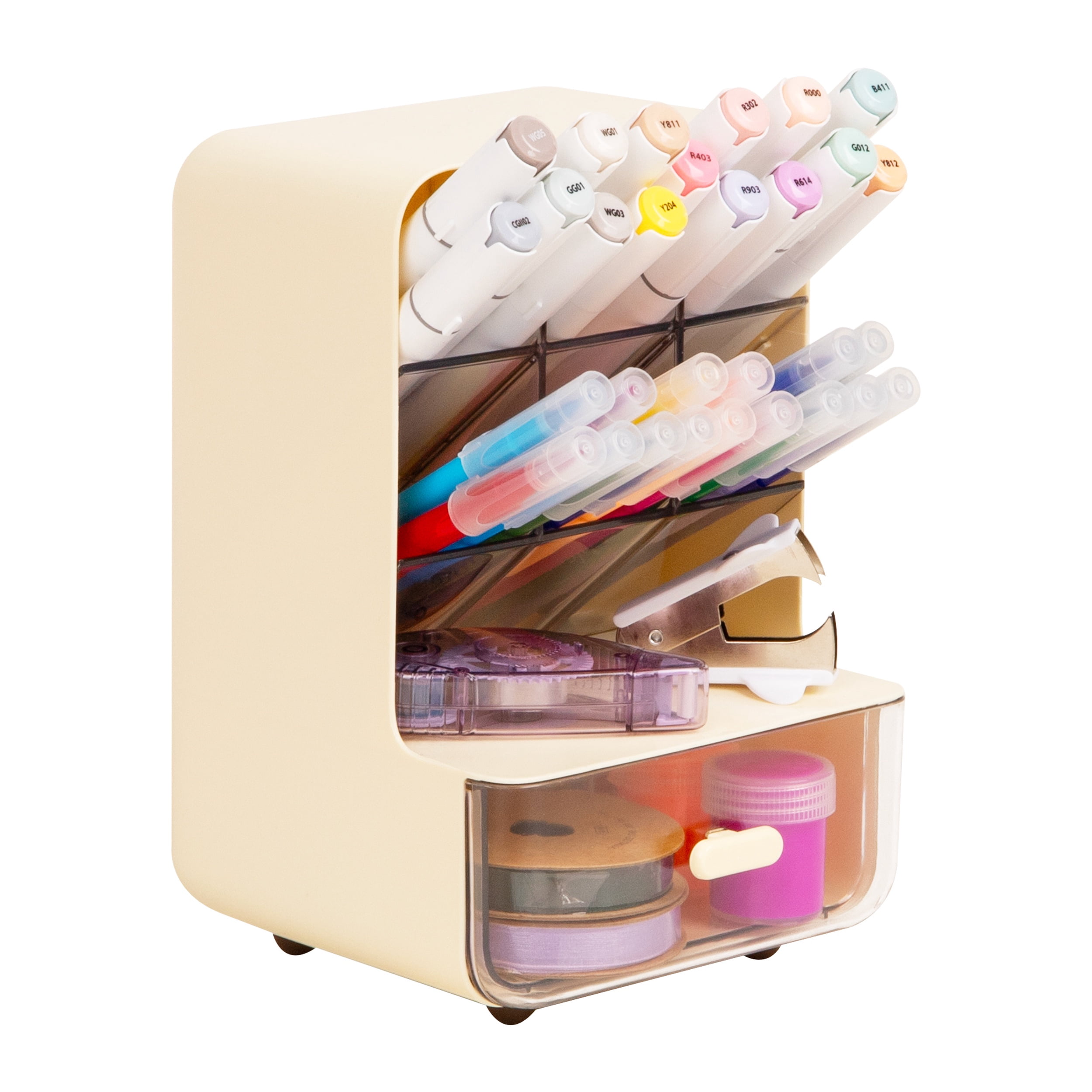 Mind Reader Compact Craft Supply Organizer with Drawer, 6 Slanted Compartments, Non-Skid Feet, Desktop Storages, Plastic, White