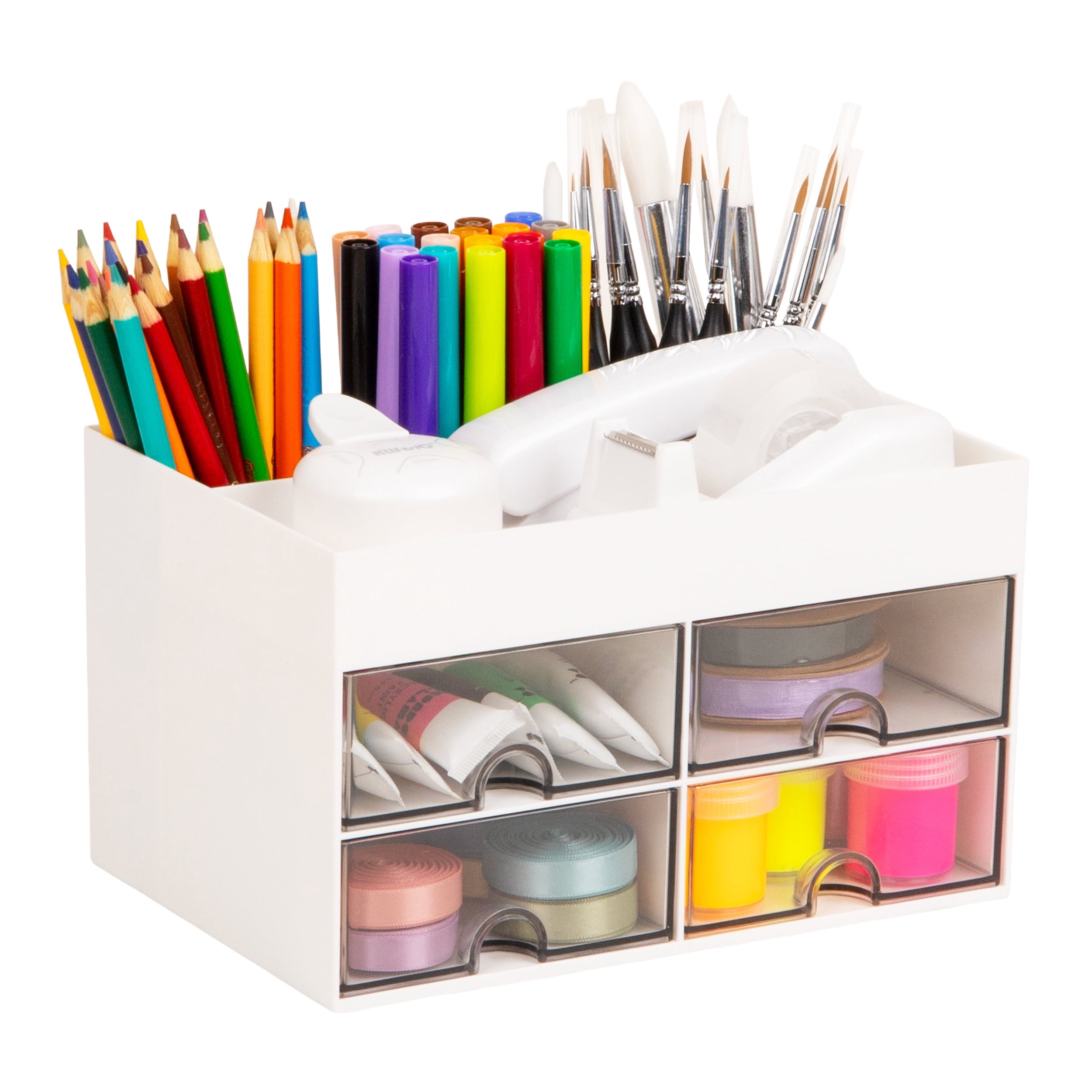 Mind Reader Craft Supply Organizer with Top Tray and 4 Drawers, Desktop Storage for Pens, Scissors, Tape, Beads and Accessories, Plastic, White