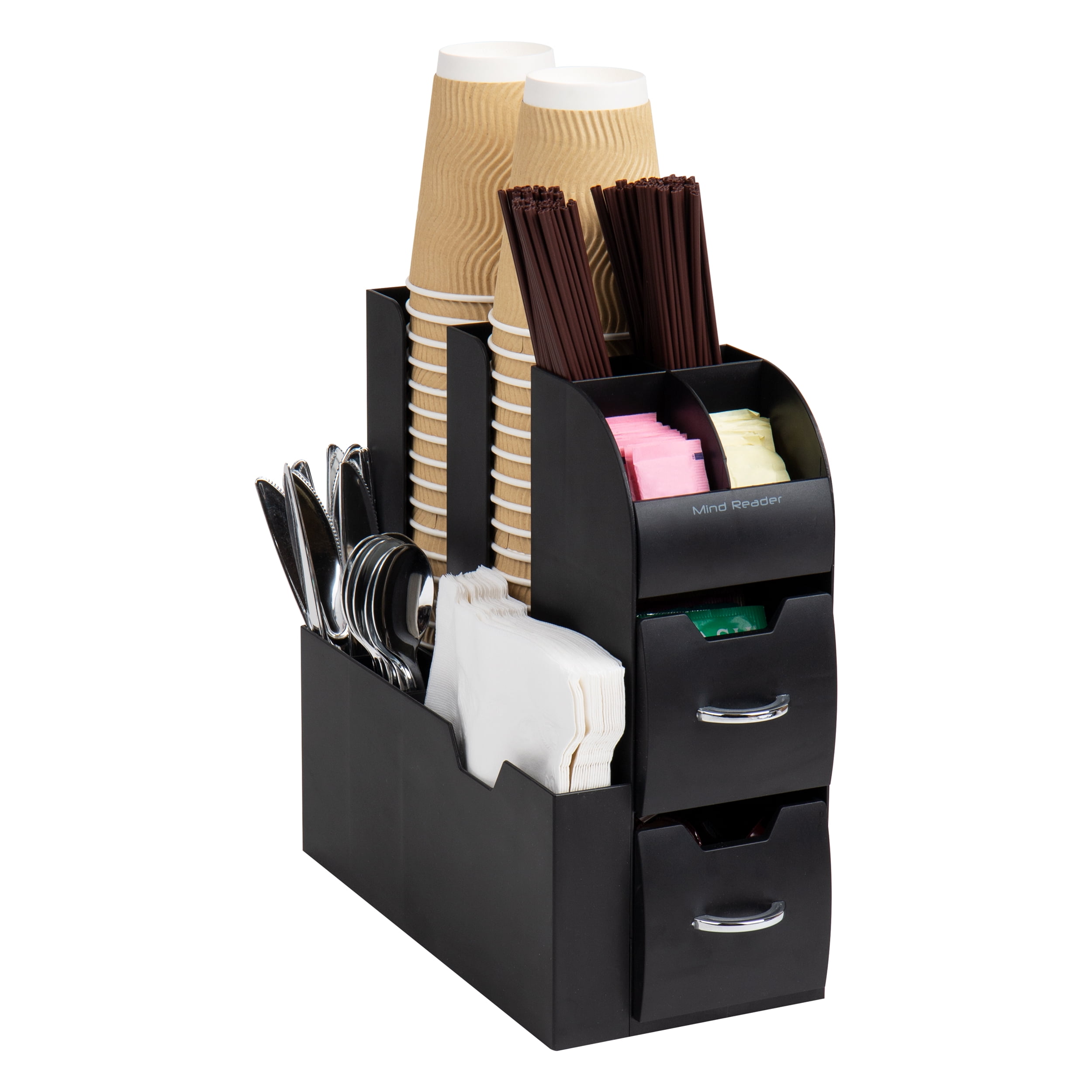 Black Plastic and Chrome Coffee Condiment Organizer Station
