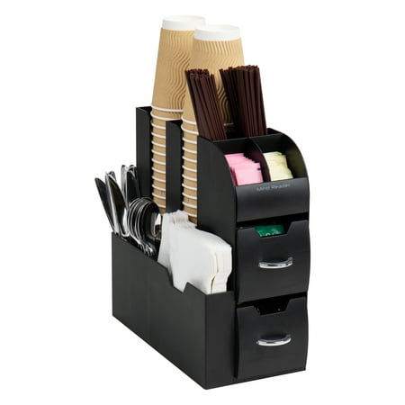 Mind Reader - Cup and Condiment Station, Countertop Organizer, Coffee Bar, Kitchen, Stirrers, 5.35"L x 11.25"W x 11.15"H - Black