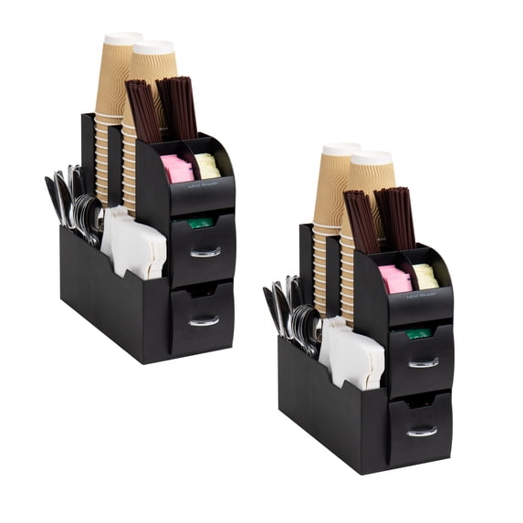 Mind Reader Cup and Condiment Station, Countertop Organizer, Coffee Bar, Plastic, 2-Pack, Black