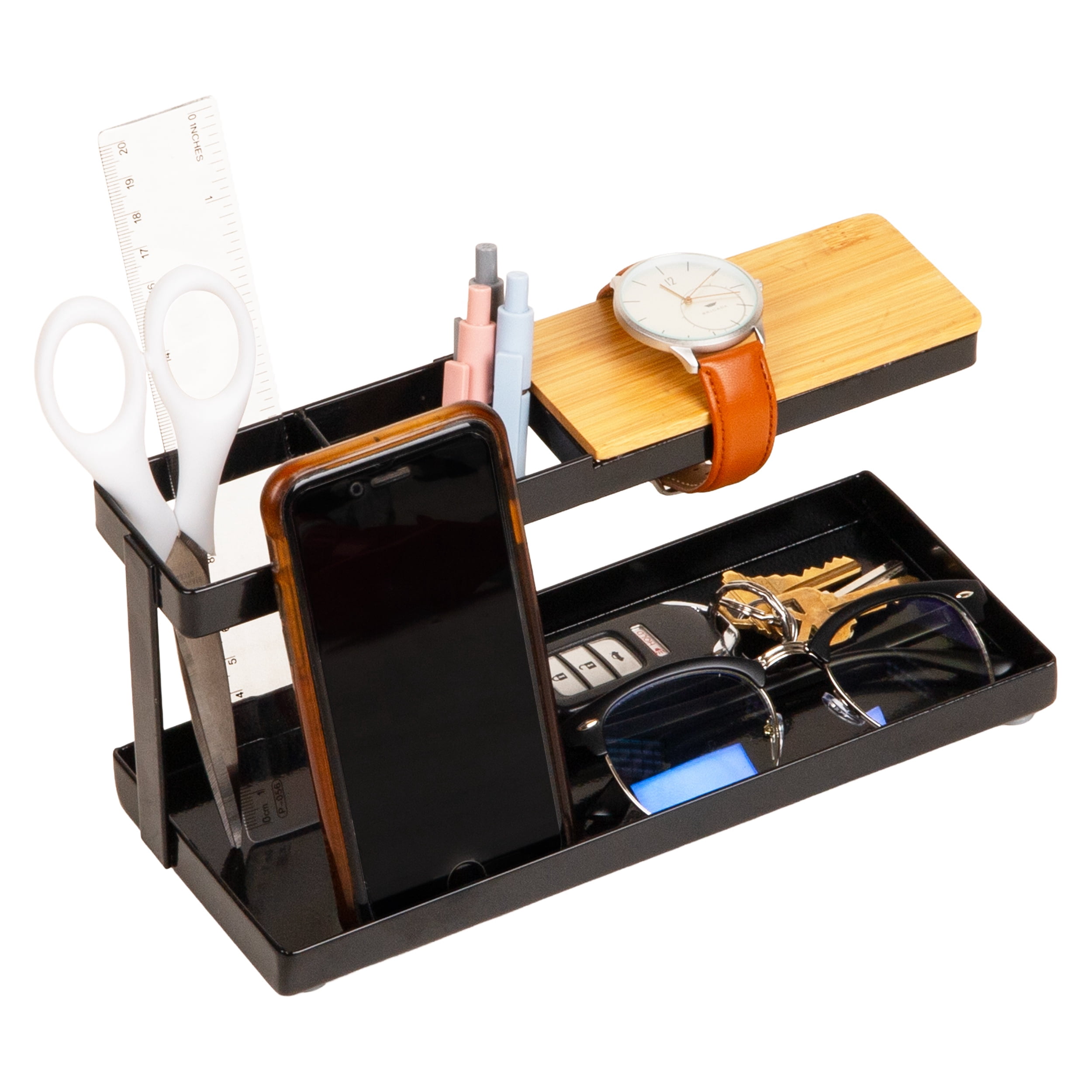Mind Reader Steel and Wood Desktop Organizer,  Desktop Dock with Catchall Tray, Black