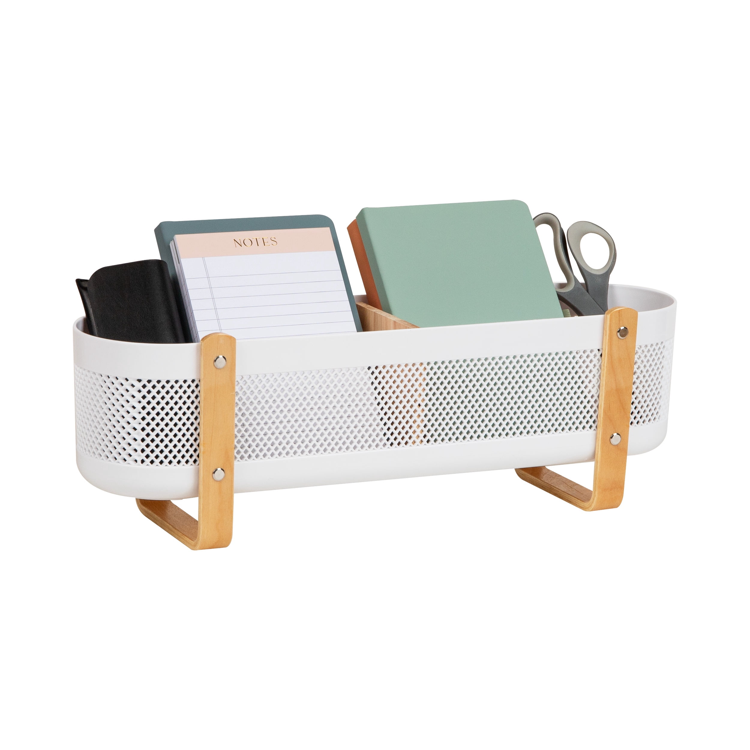 Mind Reader Divided Storage Basket with Legs, Desktop Organization, Office, Plastic, White and Brown