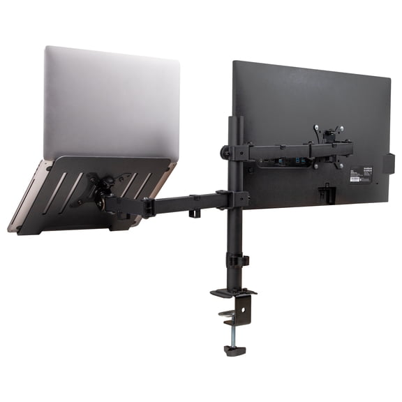 Mind Reader Dual Arm Monitor and Laptop Desk Mount, Adjustable Stand for 17"32" Screens, VESA 75x75/100x100, 180 Rotation, 90 Swivel, 90 Tilt, Black