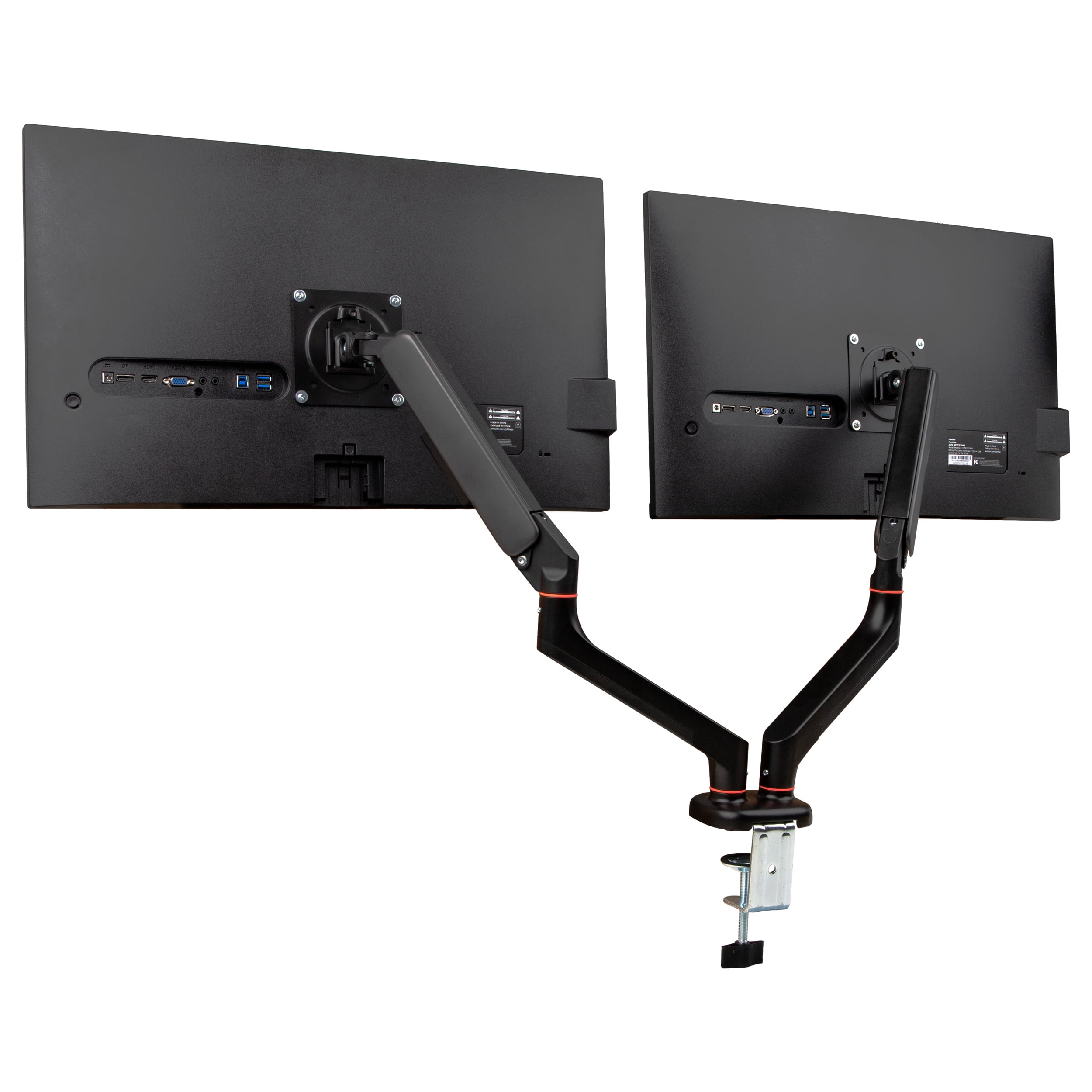 Mind Reader Dual Monitor Gas Spring Desk Mount, Counter-Balance Arm for 13"–32" Monitors, VESA 75x75 / 100x100, ±180° Rotation, ±65° Tilt, ±180° Swivel, 19.8 lb Capacity Each, Black