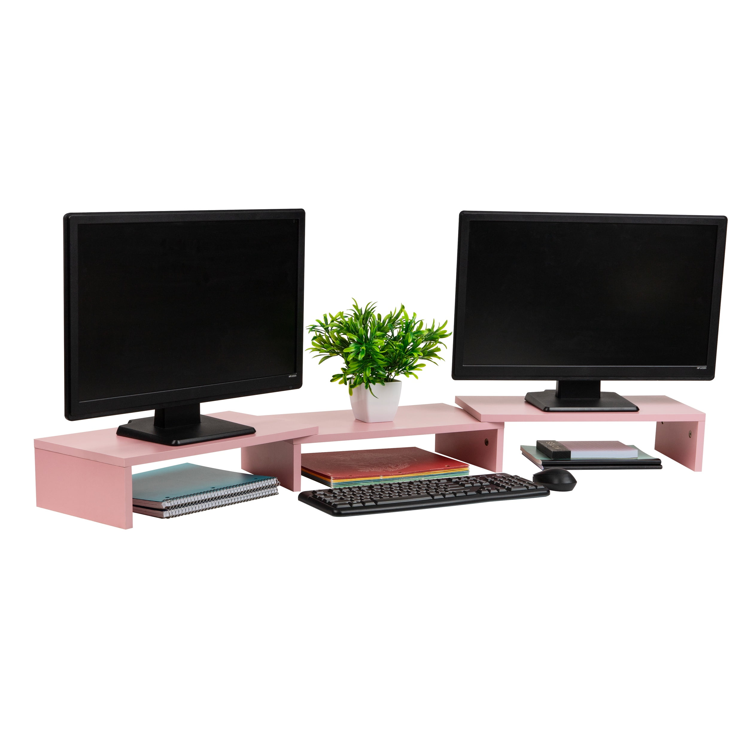 Mind Reader Dual Monitor Stand, Desktop Organizer, Laptop Riser, Office, MDF, 51.25"L x 9.25"W x 4.75"H, Pink