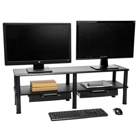 Mind Reader - Dual Monitor Stand, Storage Shelf, Desktop Organizer, Riser, Office, 38.5"L x 11"W x 10.5-12.5"H - Black
