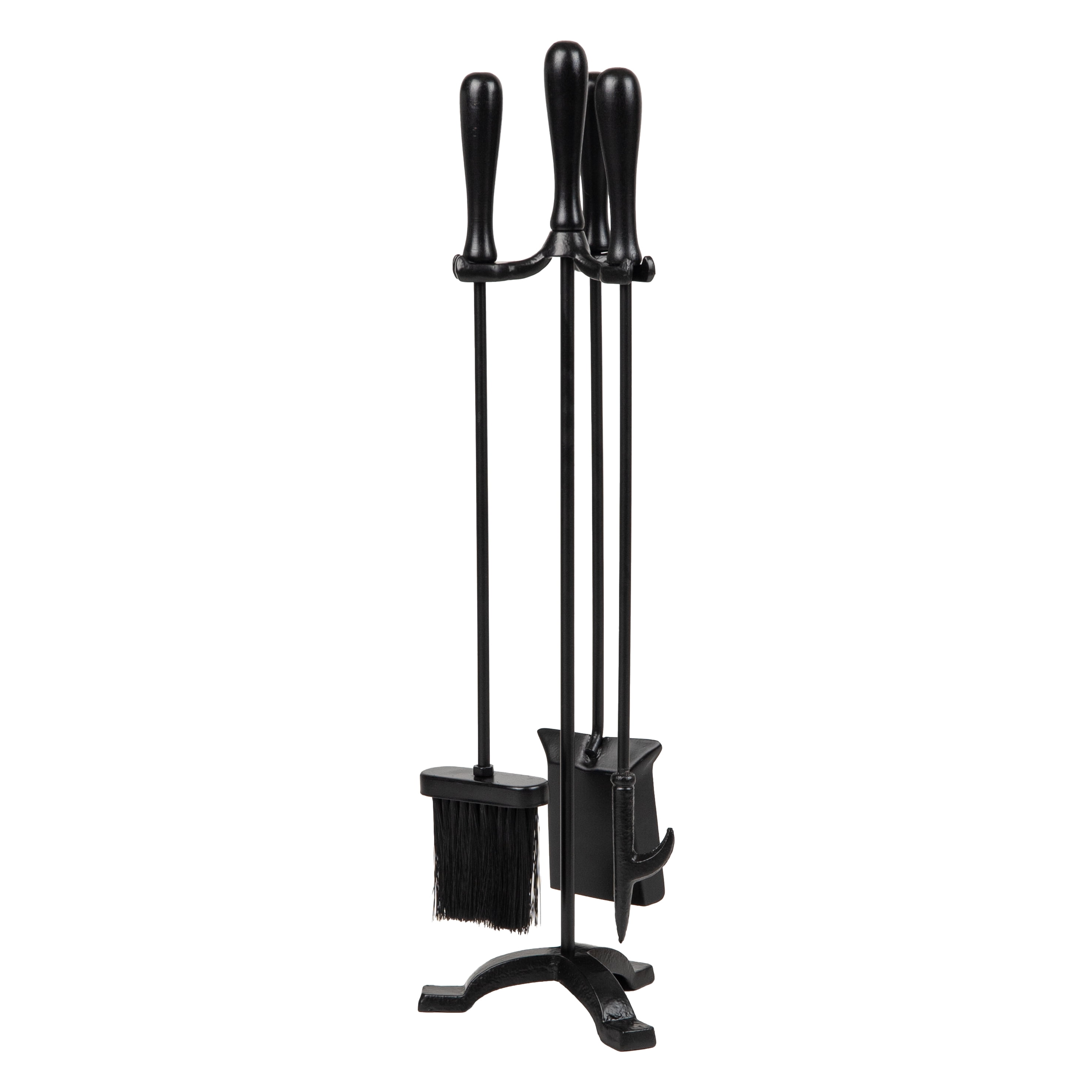 Black Wrought Iron and Steel Fireplace Tool Set with Stand