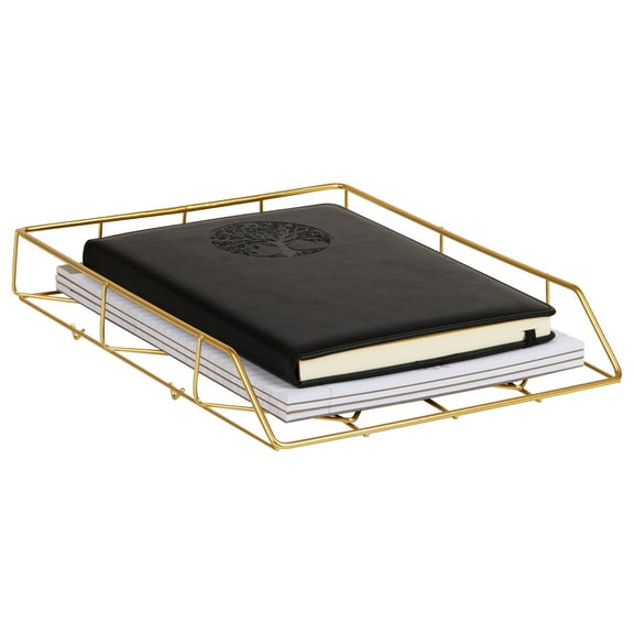 Mind Reader Gold Geometric Paper Tray, Modern Organizer for Documents, Folders, and Office Supplies, Metal, Gold