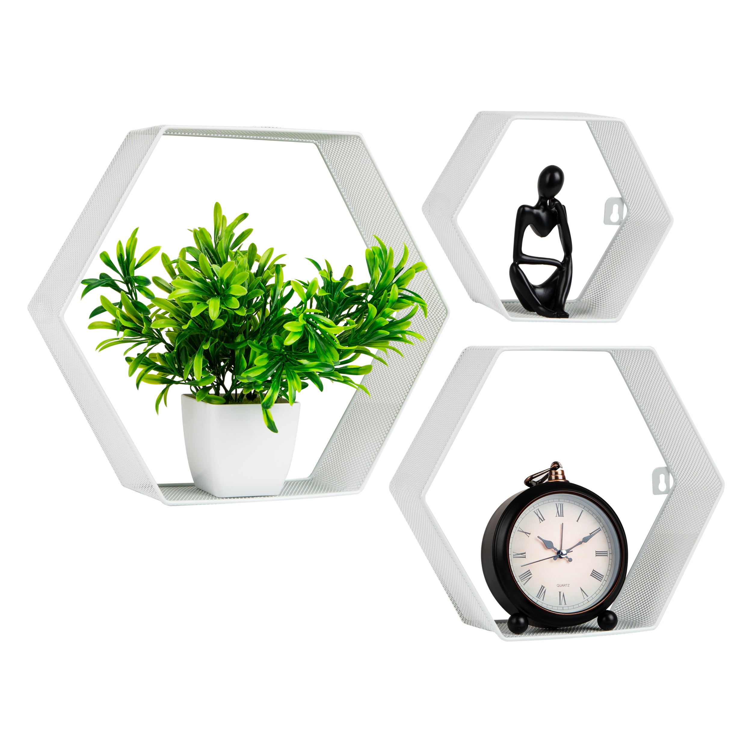 Mind Reader Hexagon Floating Shelves, Wall Decor, Honeycomb Accent Shelf, Office, Metal Mesh, 14"L x 4"W x 12"H, Set of 3, White