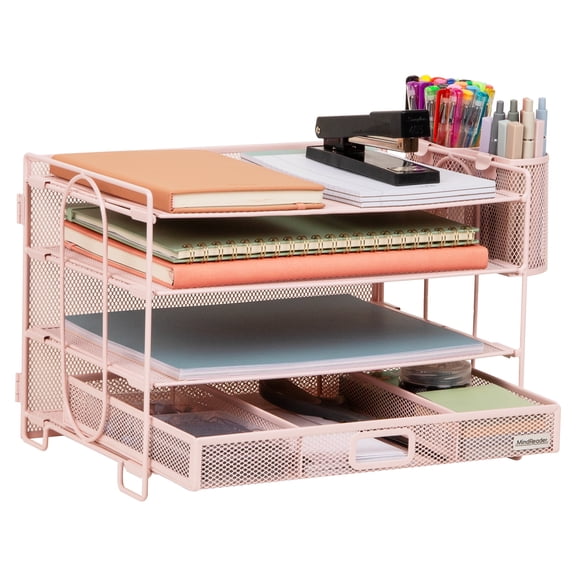 Mind Reader Mesh Desk Organizer, 3 Trays, 1 Drawer, 2 Pen Holders Metal , Pink