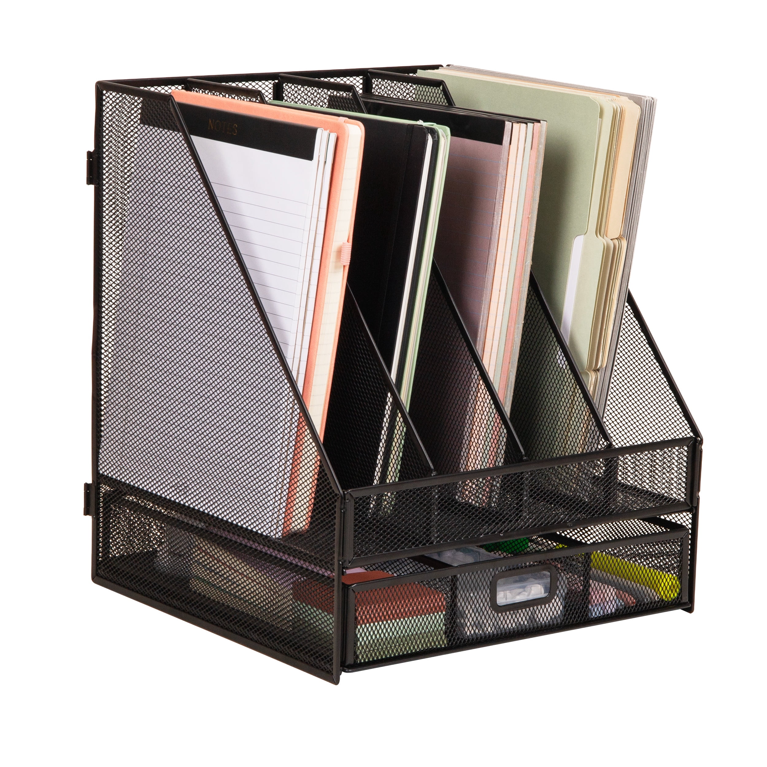 Mind Reader Mesh File Organizer with Drawer, 4 Slot Vertical File Holder with Removable Dividers, Desktop Organizer, Black
