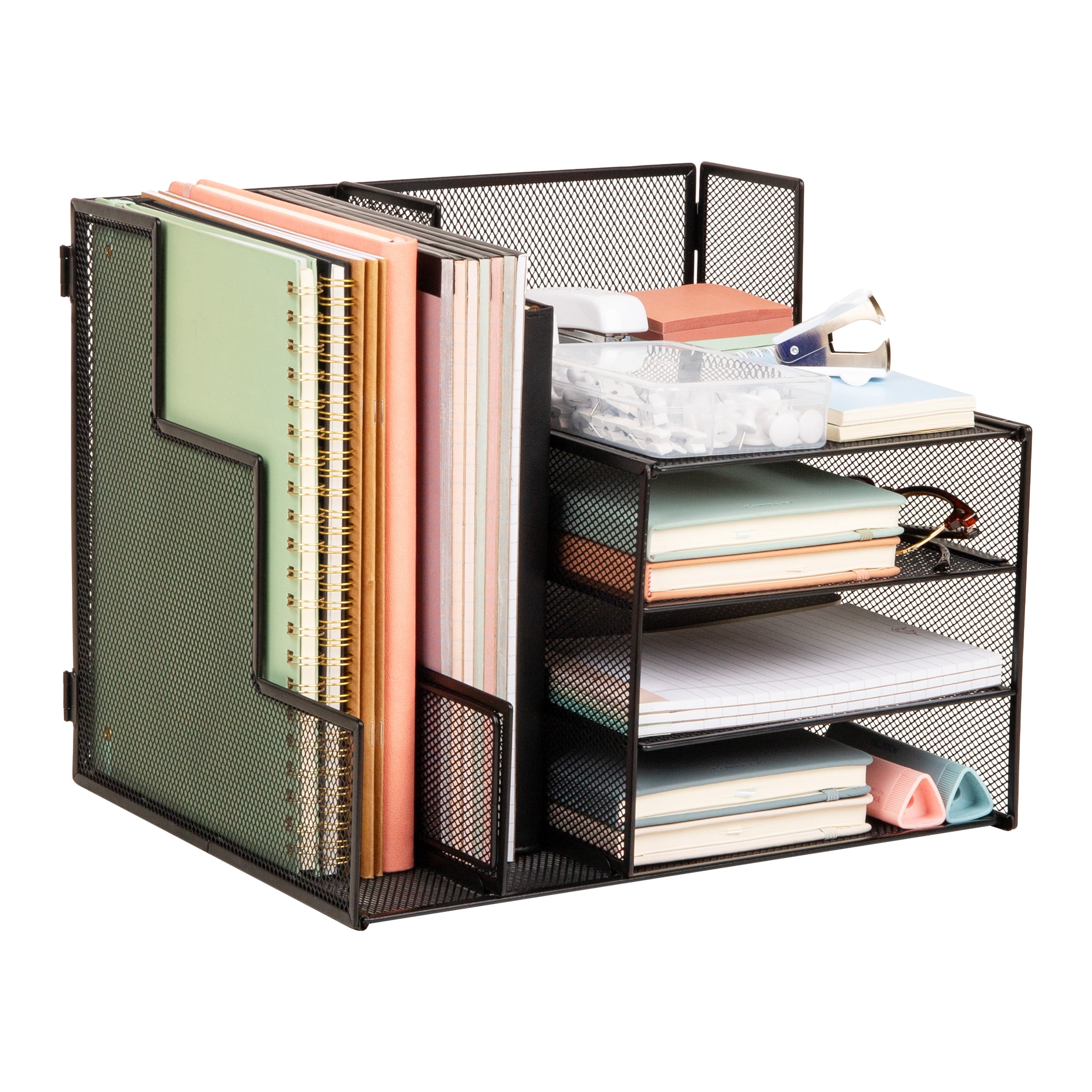 Mind Reader Metal Mesh Desk Organizer, 2 Vertical File Holders and 3 Tier Sliding Shelves, Foldable Desktop Storage, Office Organizer, Black