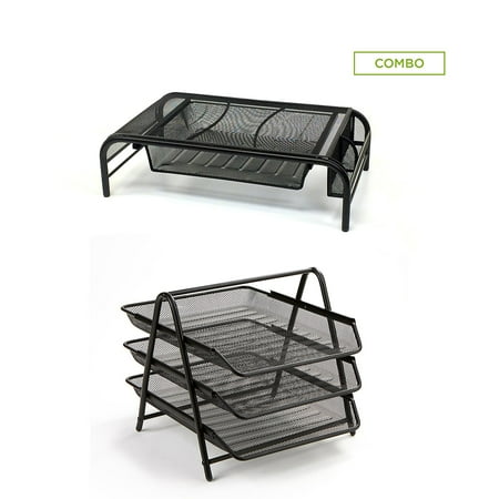 Mind Reader - Mesh Monitor Stand and 3 Tier Paper Organizer - Black