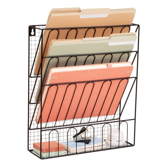 Mind Reader Metal Wire File Organizer, 3-Tier Vertical Document Holder with Storage Basket, Wall Mount or Desktop Organizer, Metal, Black