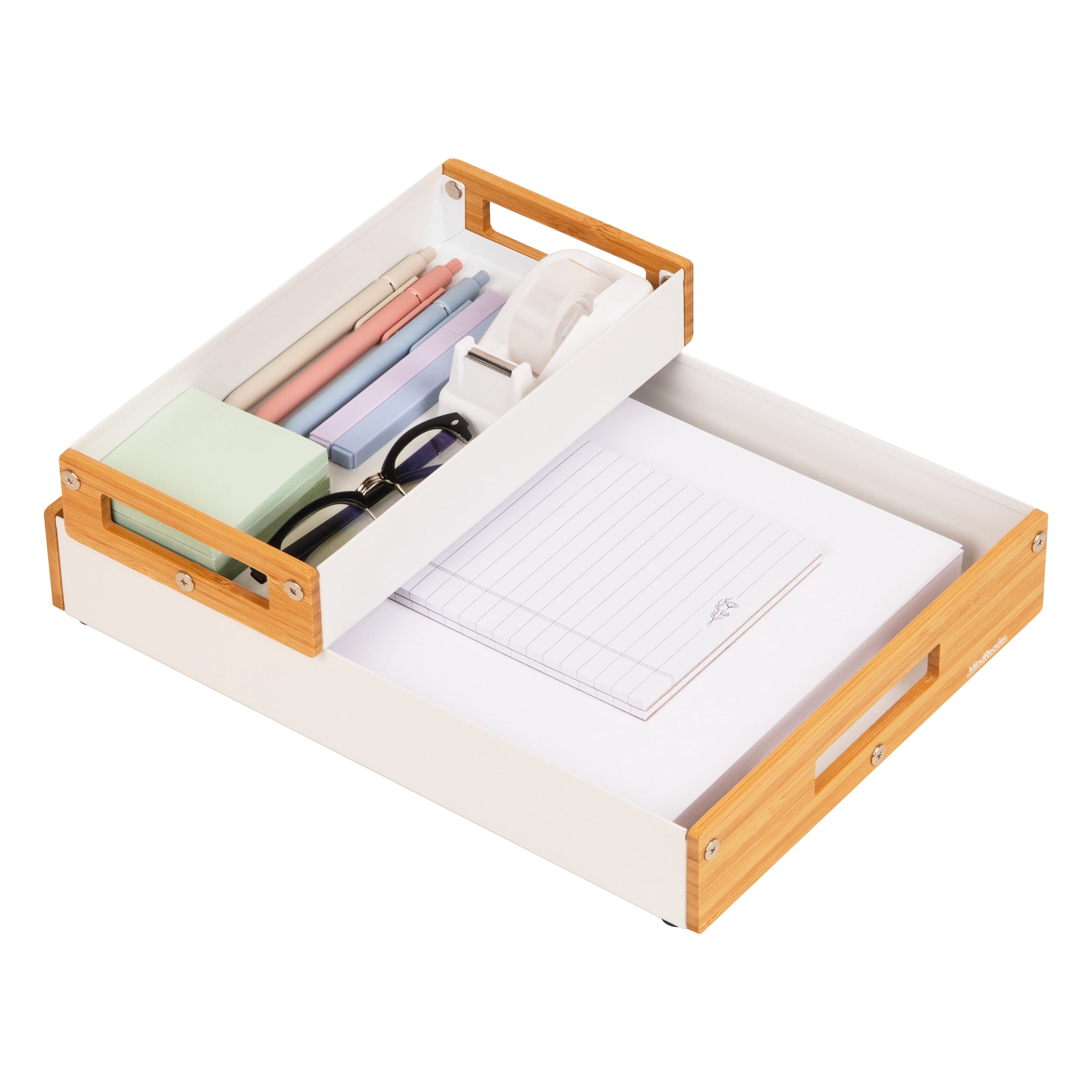 Mind Reader Stackable Desktop Organizer Trays - Metal & Wood, White, Set of 2