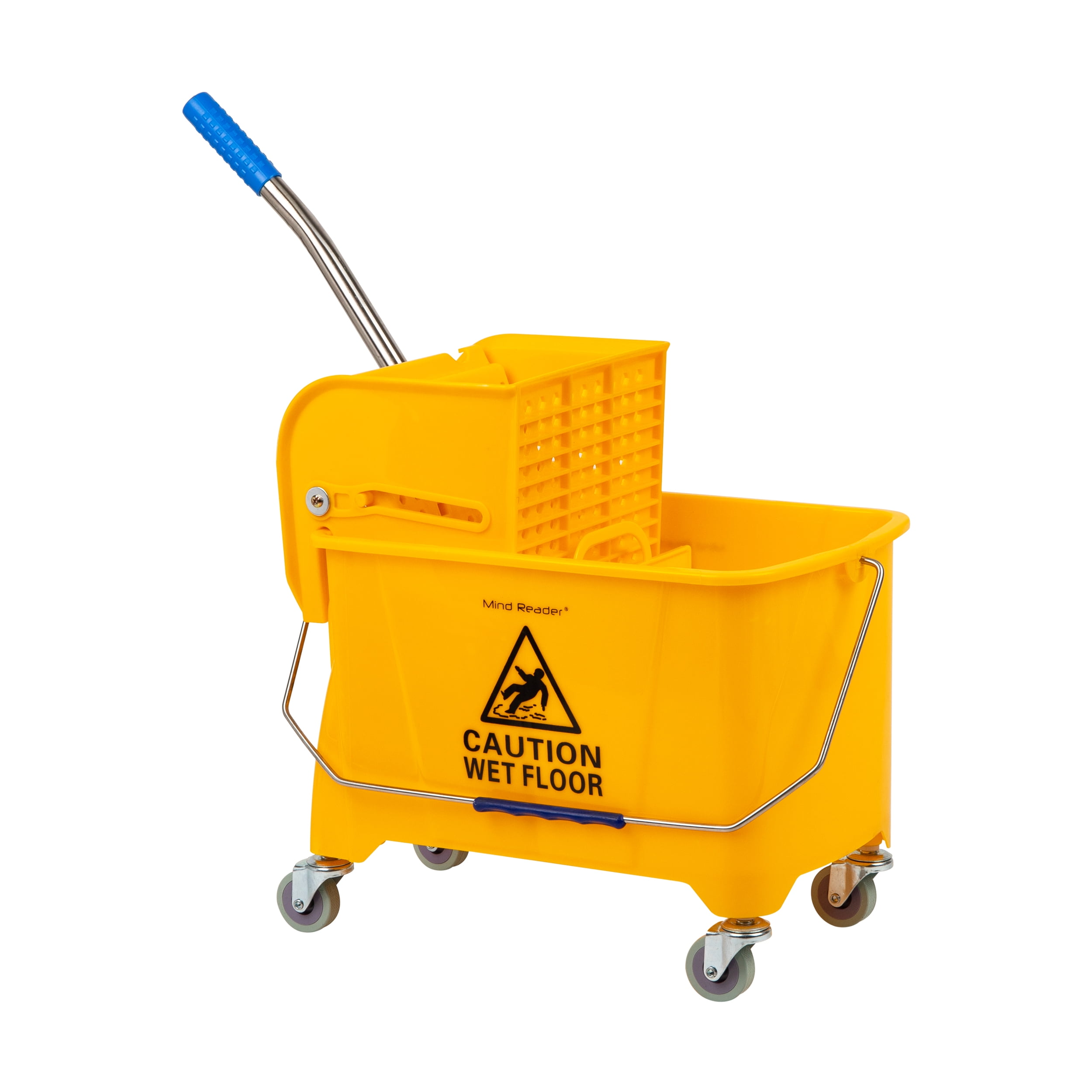 Mind Reader Mobile Heavy Duty Mop Bucket with Down Press Wringer, 22-Quart Capacity, Yellow