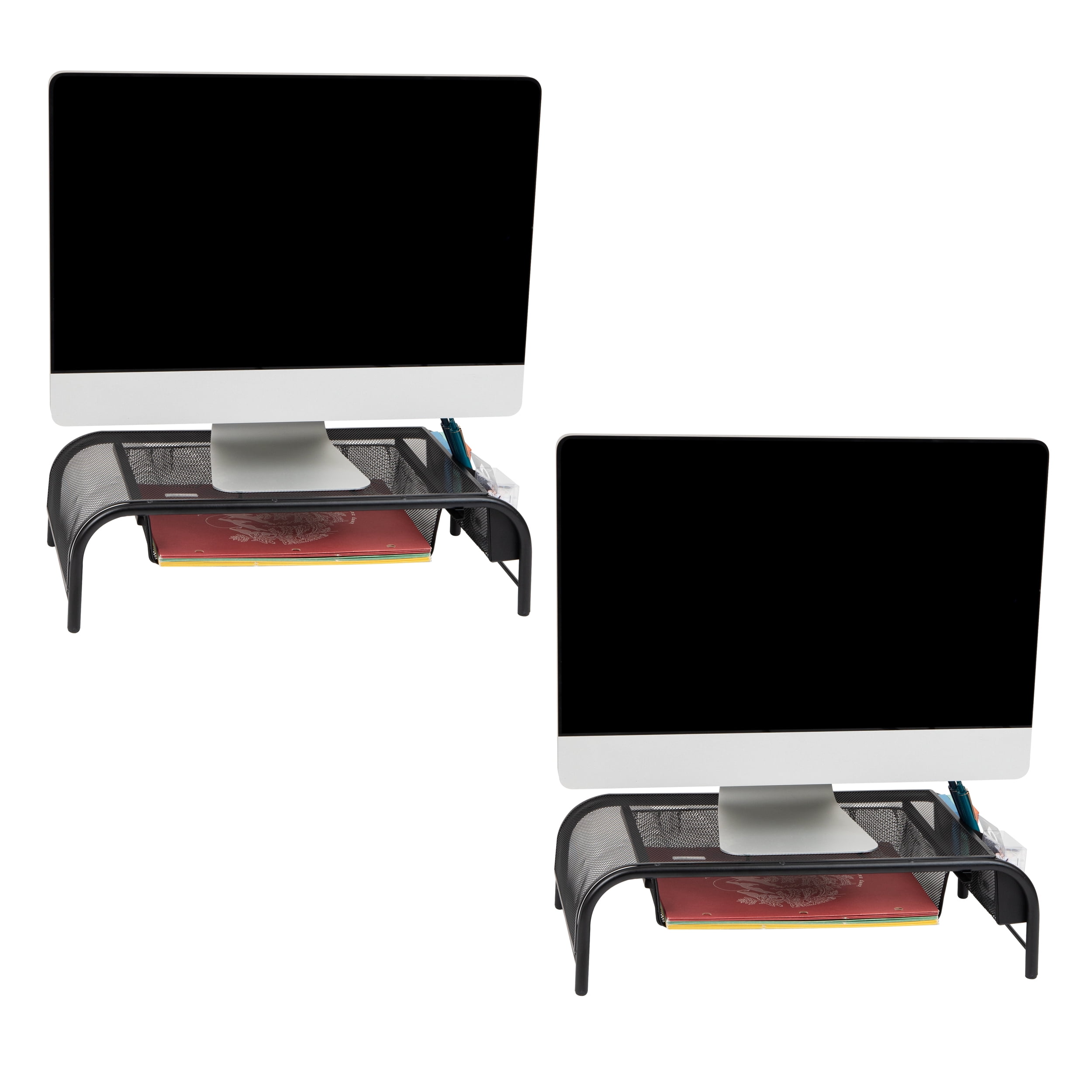 Mind Reader Monitor Stand, Ventilated Laptop Riser, Paper Tray, Office, Metal Mesh, 20"L x 11.5"W x 5.5"H, Set of 2, Black