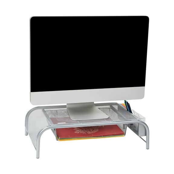Mind Reader Monitor Stand, Ventilated Laptop Riser, Paper Tray, Storage, Office, Metal, Silver