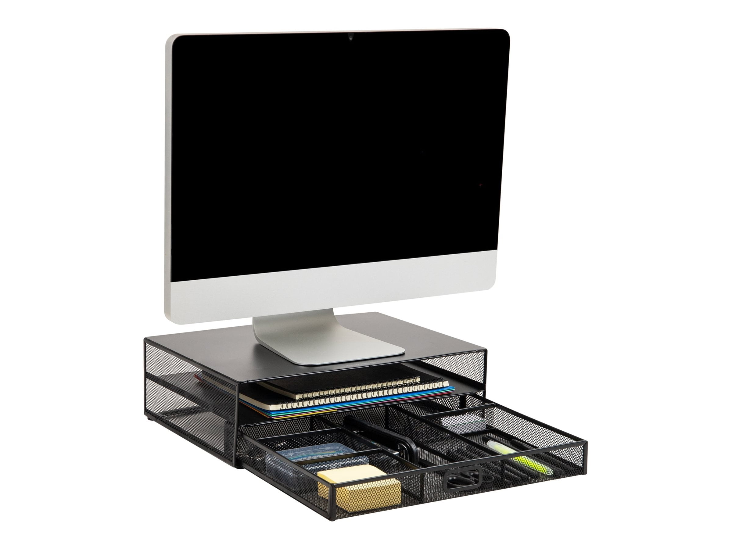 Mind Reader Monitor Stand and Office Supplies Desktop Organizer, Storage Drawer, Black