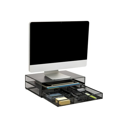 Mind Reader - Monitor Stand and Office Supplies, Ventilated Riser, Storage Drawer, Metal Mesh, 15.75"L x 11.75"W x 4.5"H - Black