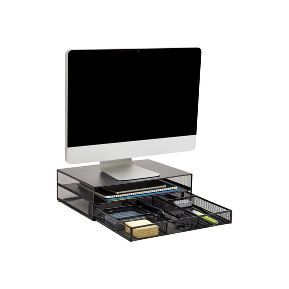 Mind Reader Monitor Stand and Office Supplies Desktop Organizer, Storage Drawer, Black