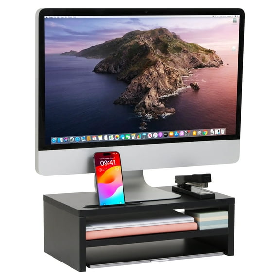 Mind Reader Monitor Stand with Phone Slot and Storage Shelf, Desktop Riser, 88 lb Capacity, MDF Wood, Black