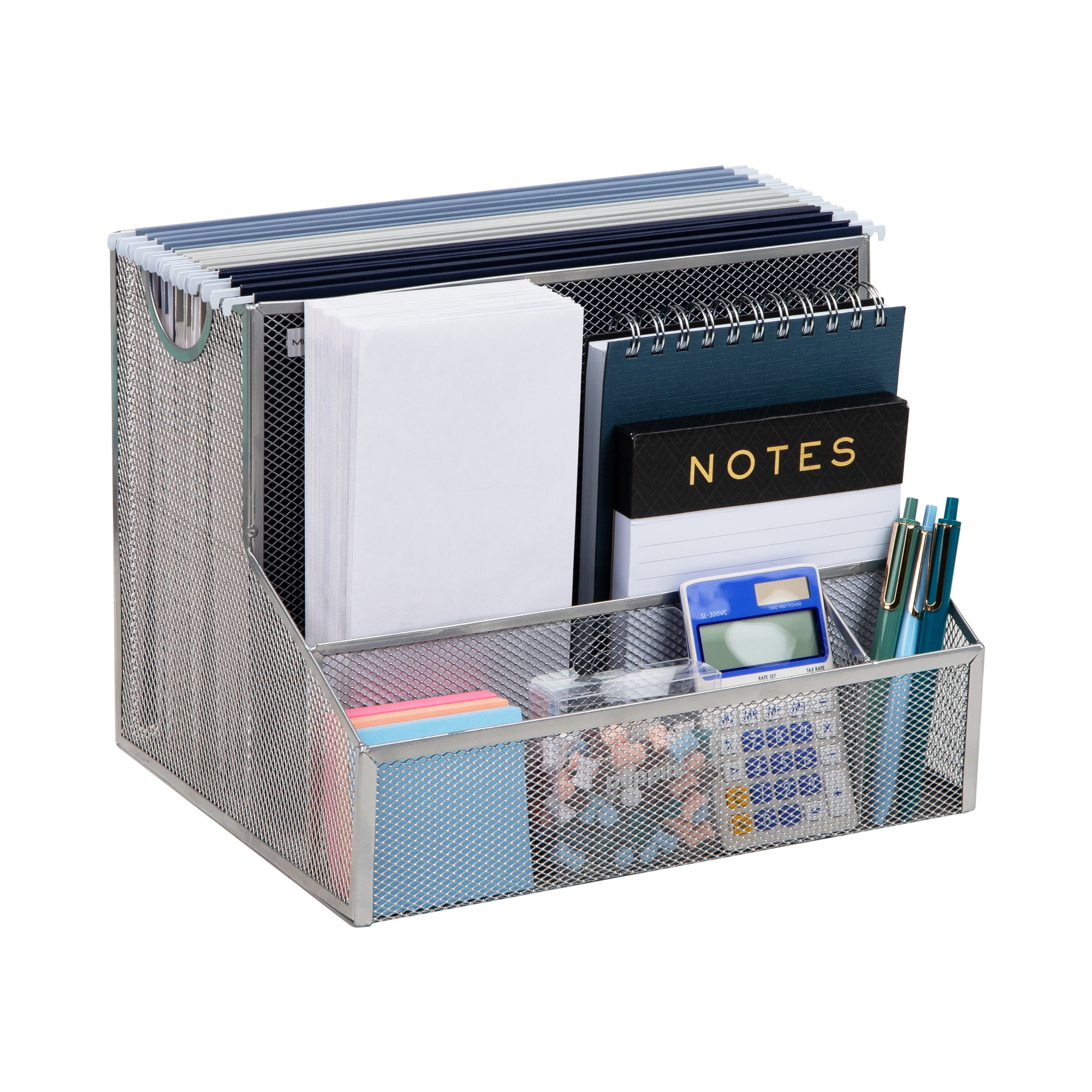 Silver Metal Mesh Desktop Organizer with Vertical File Storage