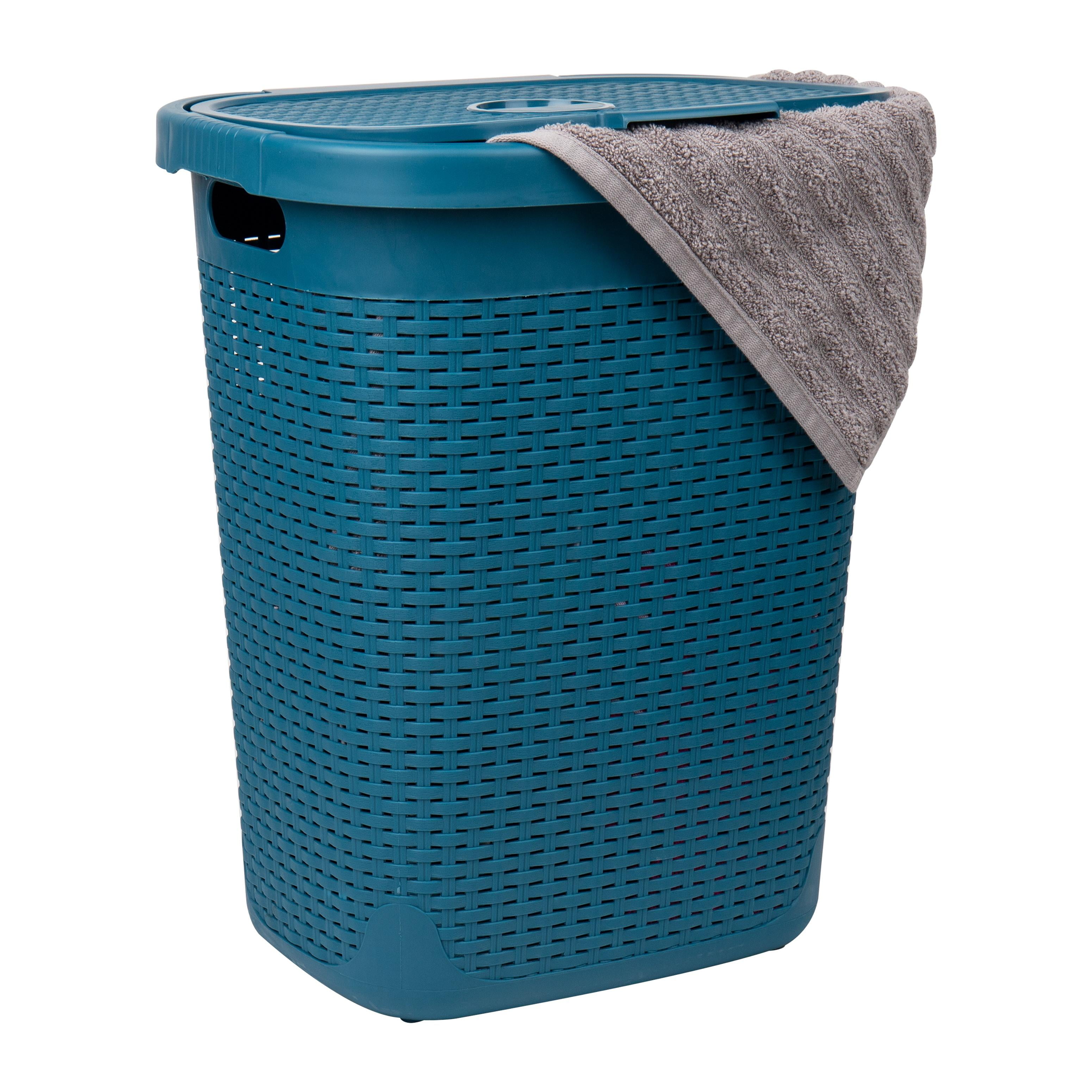 Blue Wicker Design Plastic Upright Hamper with Lid