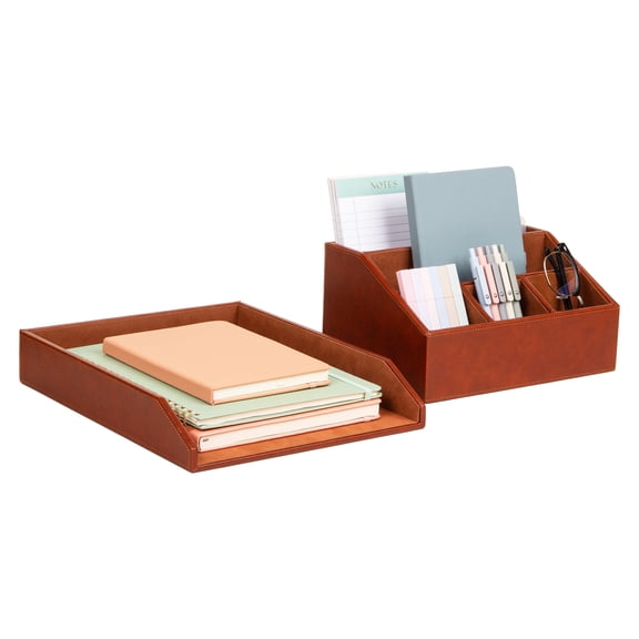 Mind Reader PU Leather Desk Organizer and Letter Tray Set, Stackable Paper Tray, Pen Cup and Card Holder, Brown