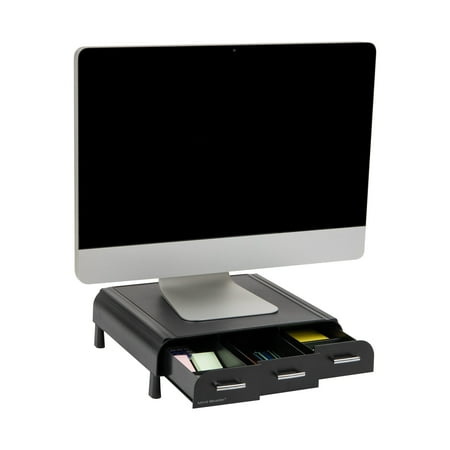 Mind Reader - Monitor Stand, Laptop Riser, Desktop Organizer, Storage Drawer, Office, Plastic, 13.5"L x 13"W x 4"H - Black