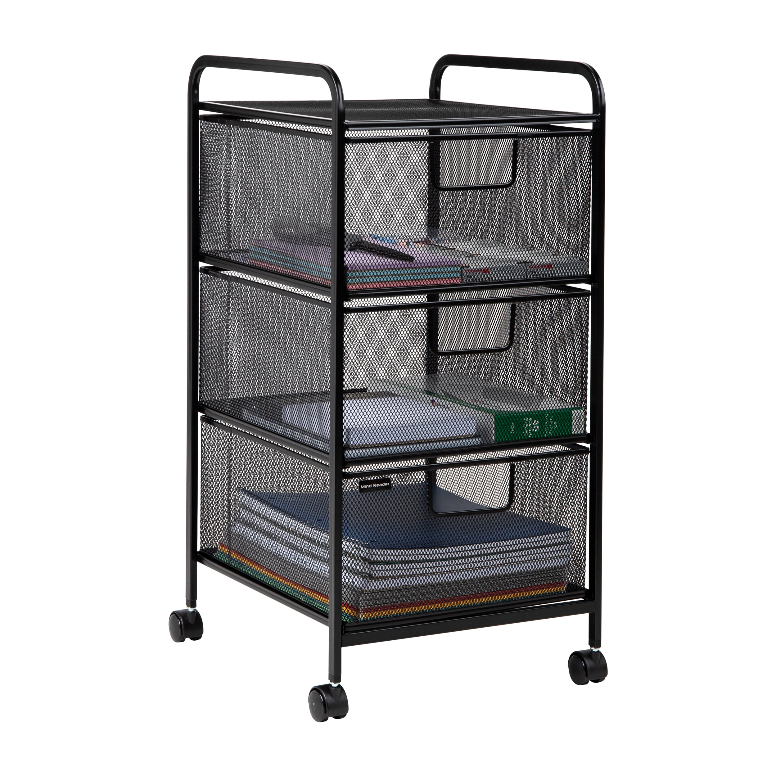 Black Metal Mesh 3-Drawer Rolling Storage Trolley