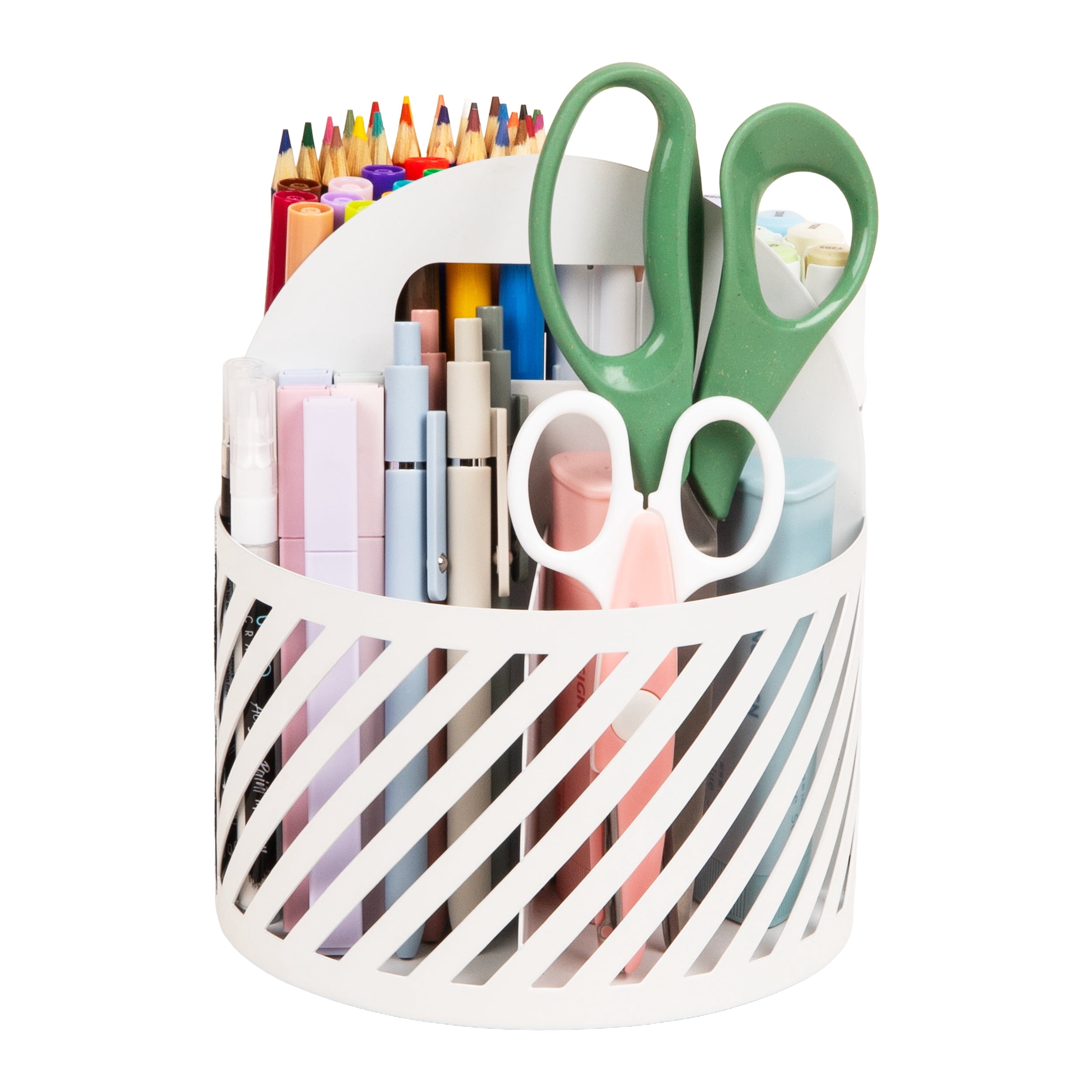 Mind Reader Round Metal Desktop Carousel Organizer with Handle, Four Compartments, Office Supplies and Accessories, Metal, White