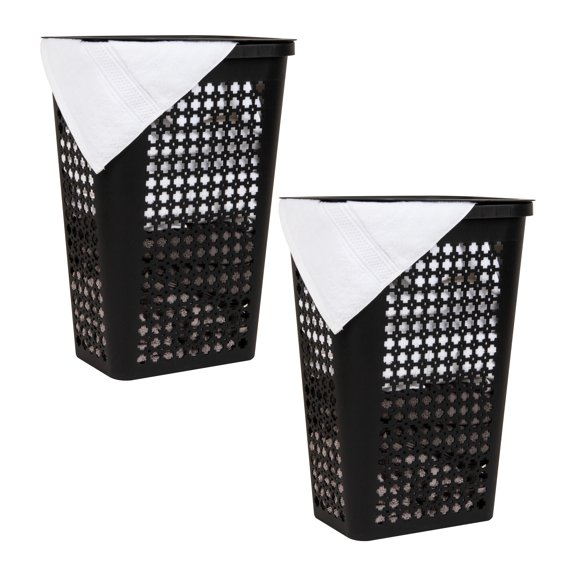Mind Reader Slim Swiss Cross Cut-Outs Tapered Laundry Hampers with Lid, Plastic, Set of 2, Black
