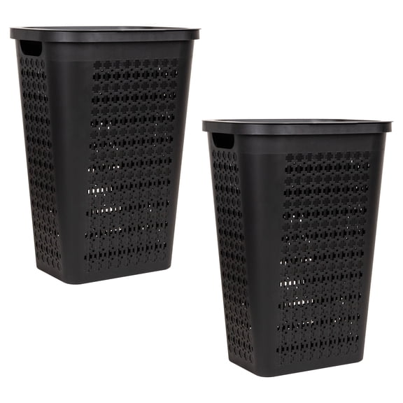Mind Reader Slim Swiss Cross Cut-Outs Tapered Laundry Hampers with Lid, Plastic, Set of 2, Black