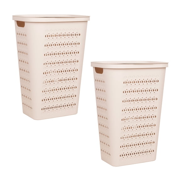 Mind Reader Slim Swiss Cross Cut-Outs Tapered Laundry Hampers with Lid, Plastic, Set of 2, Ivory