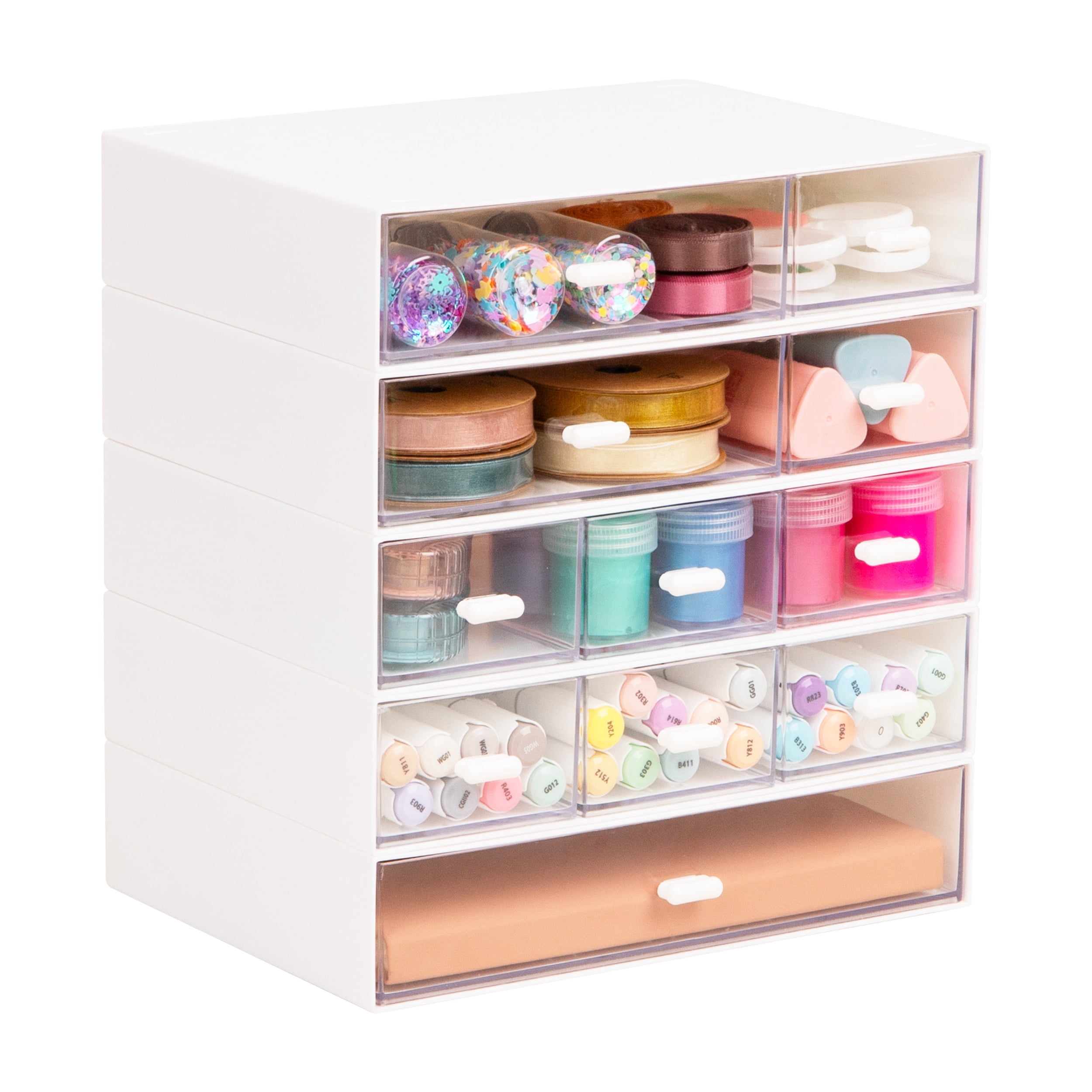 Mind Reader Stackable Craft Organizer with Drawers, Modular Storage Tower, Interlocking Design for Art Supplies, Plastic, Set of 5, White