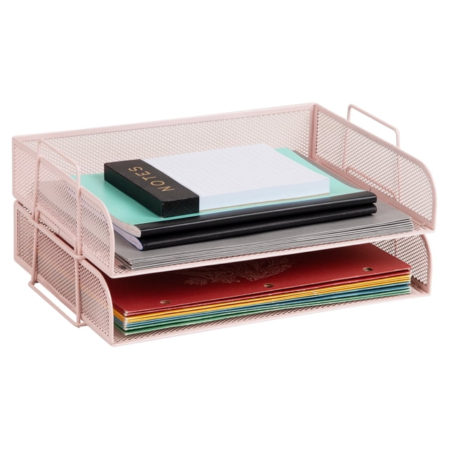 Mind Reader Stackable Paper Tray, Desktop Organizer, 13.25"L x 9.75"W x 6.25"H, 2 Pcs., Pink