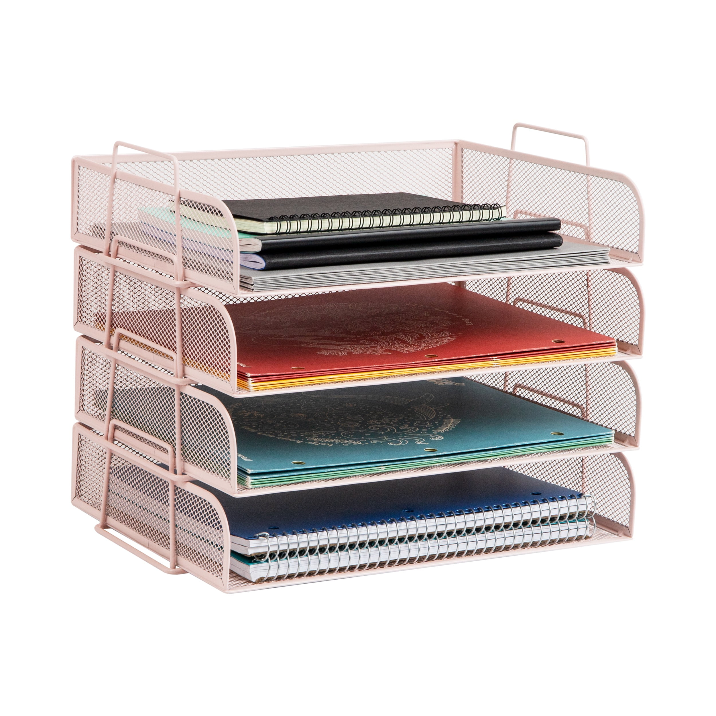Mind Reader Stackable Paper Tray, Desktop Organizer, File Storage, Office, Metal, 4 Pcs., Pink