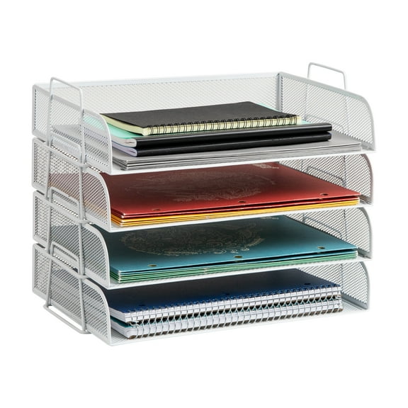 Mind Reader Stackable Paper Tray, Desktop Organizer, File Storage, Office, Metal, 4 Piece, White