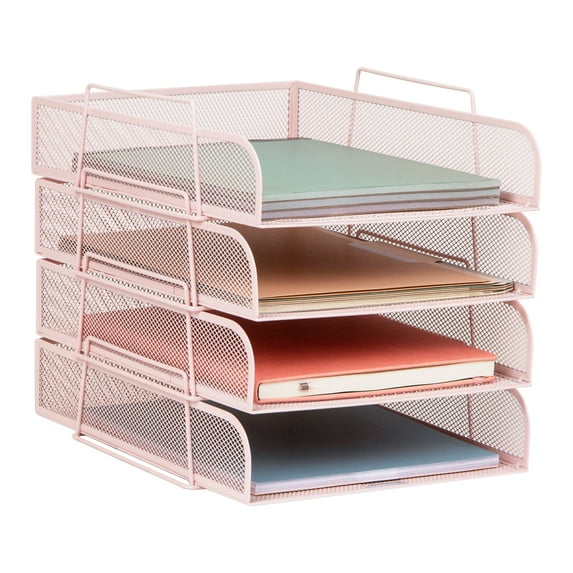 Mind Reader Stackable Paper Tray, Desktop Organizer, Metal 10.5"L x 13.5"W x 11.25"H, 4 Pieces., Pink