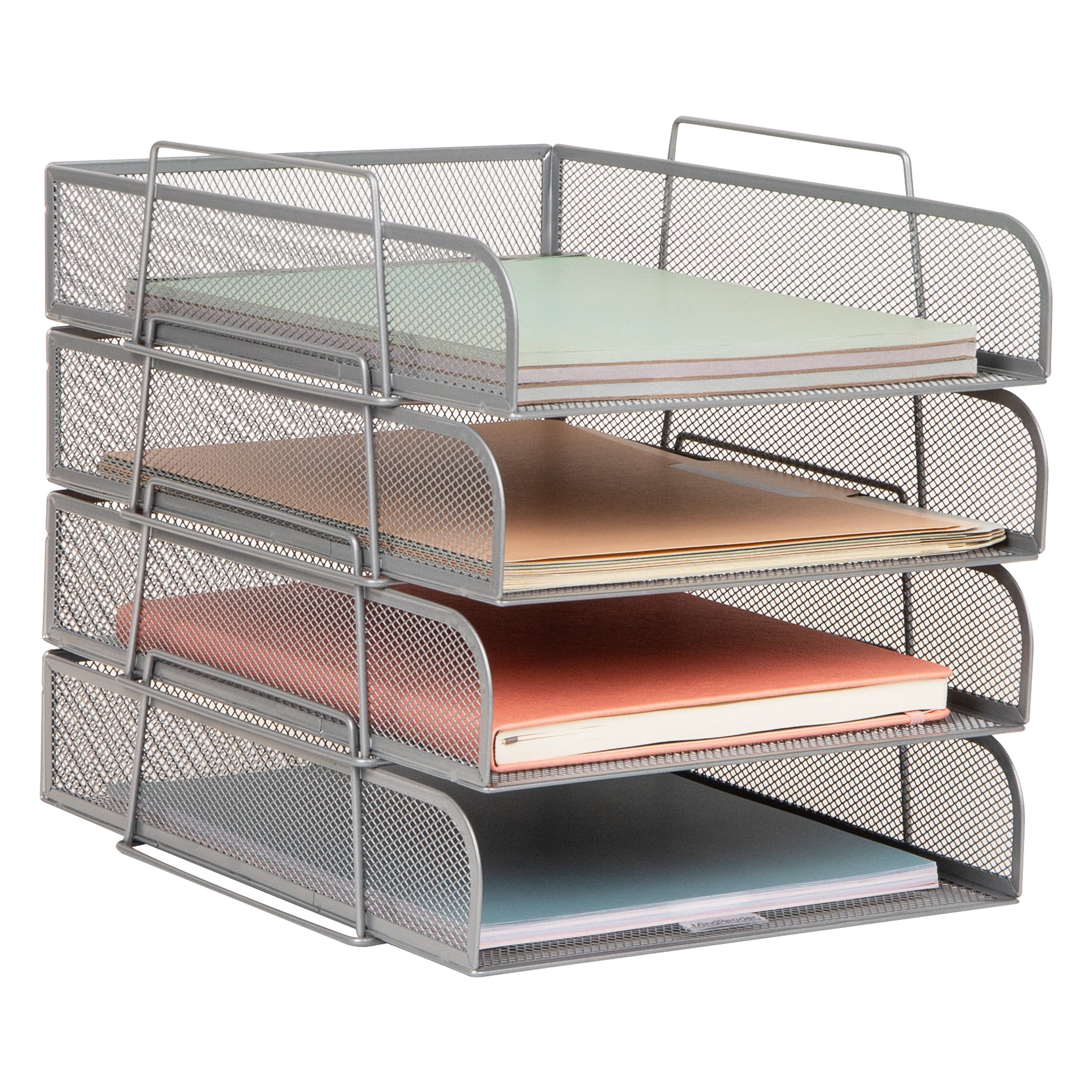 Mind Reader Stackable Paper Tray, Desktop Organizer, File Storage, Office, Metal Mesh, 10.5"L x 13.5"W x 11.25"H, 4 Pcs., Silver