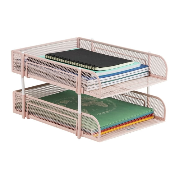 Mind Reader Stackable Paper Tray, Desktop Organizer, File Storage, Office, Metal Mesh, 2 Pcs, Pink